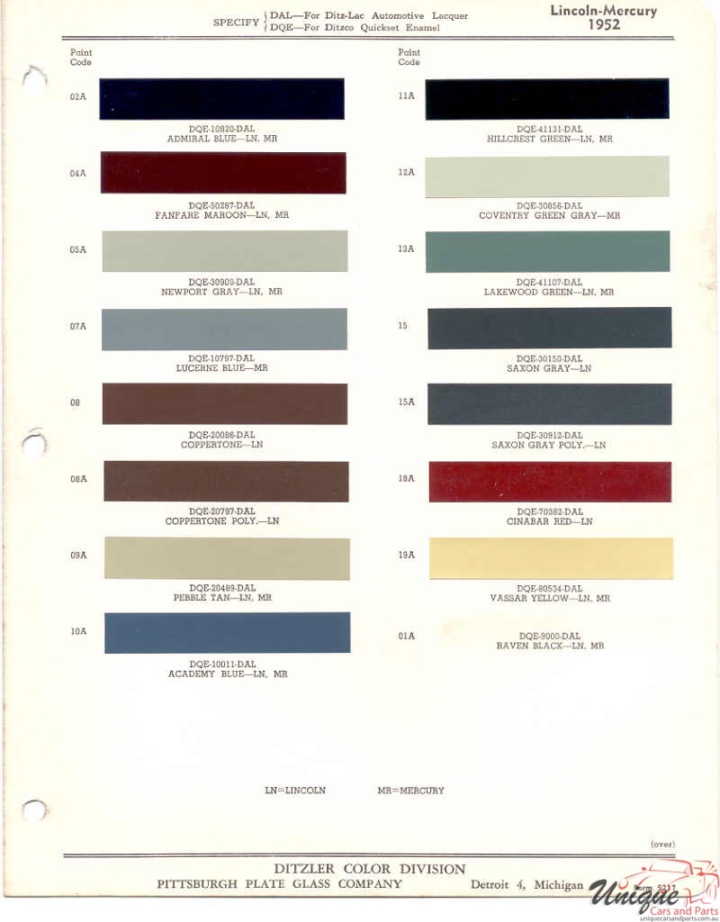 1952 Ford Paint Charts Lncoln And Mercury Paint Charts PPG 1